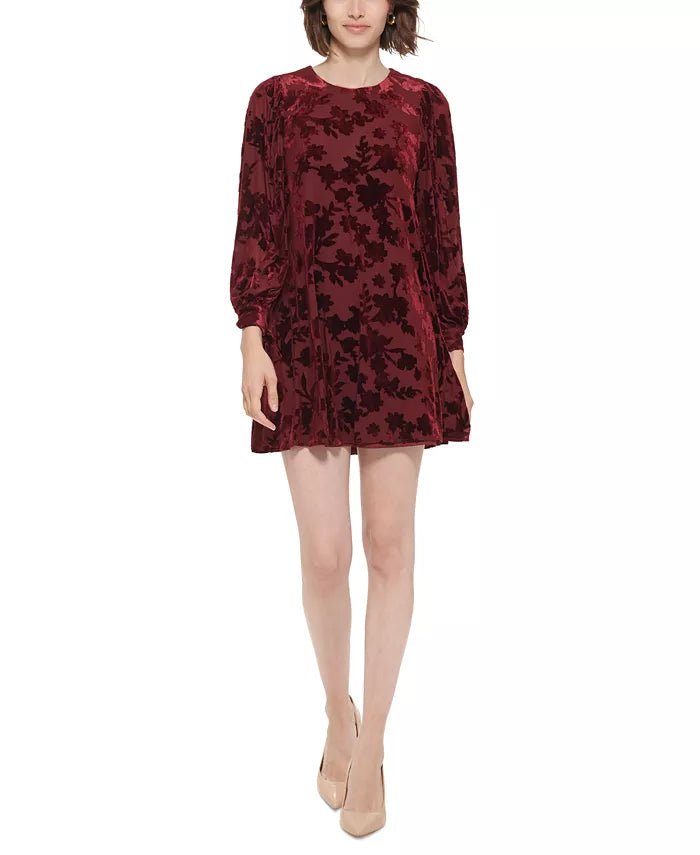 Calvin Klein Burnout Velvet Balloon-Sleeve Trapeze Dress