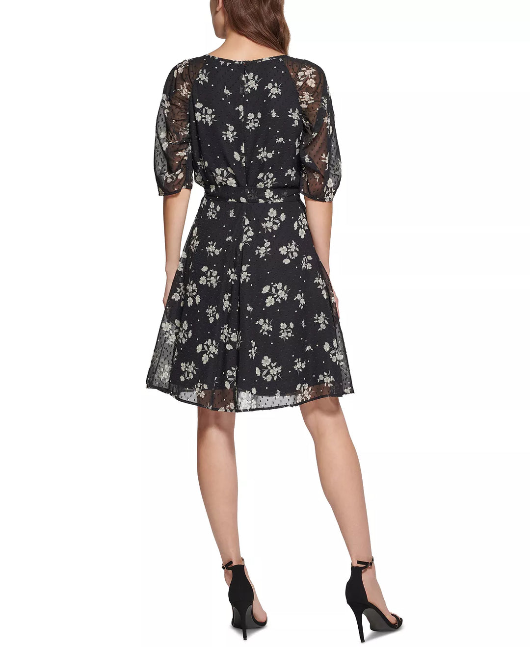 DKNY Petite Floral Clip-Dot Chiffon Tie-Belted Dress