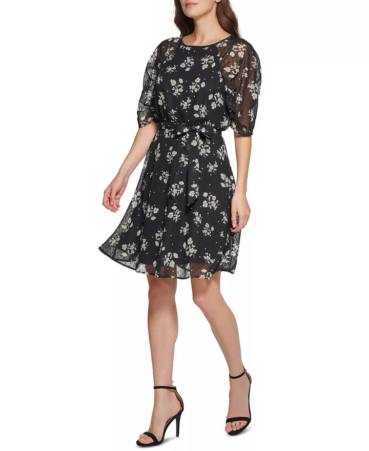 DKNY Petite Floral Clip-Dot Chiffon Tie-Belted Dress