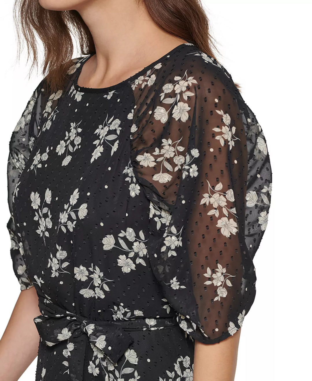 DKNY Petite Floral Clip-Dot Chiffon Tie-Belted Dress