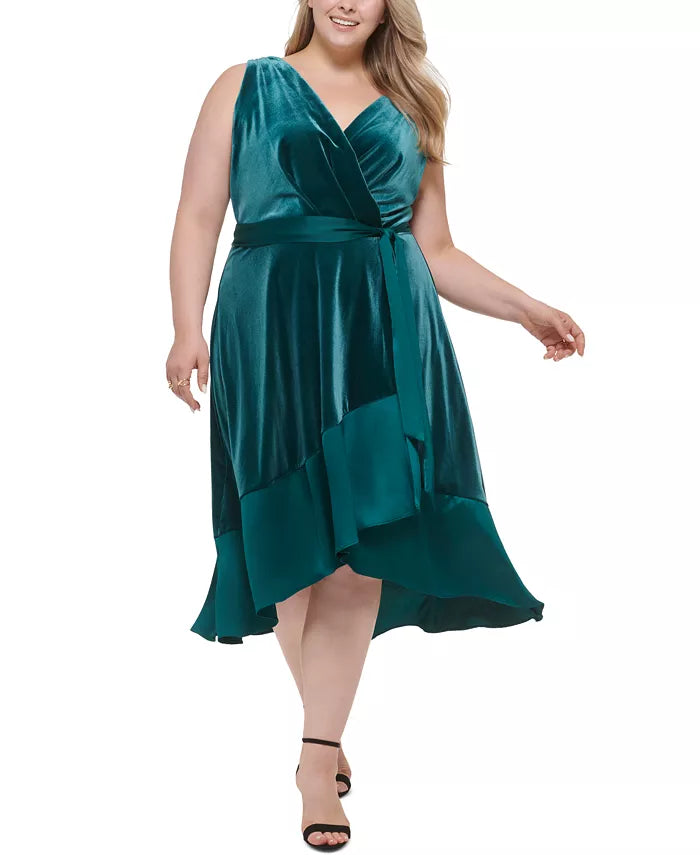 DKNY Plus Size Mixed-Media Surplice V-Neck Belted Dress