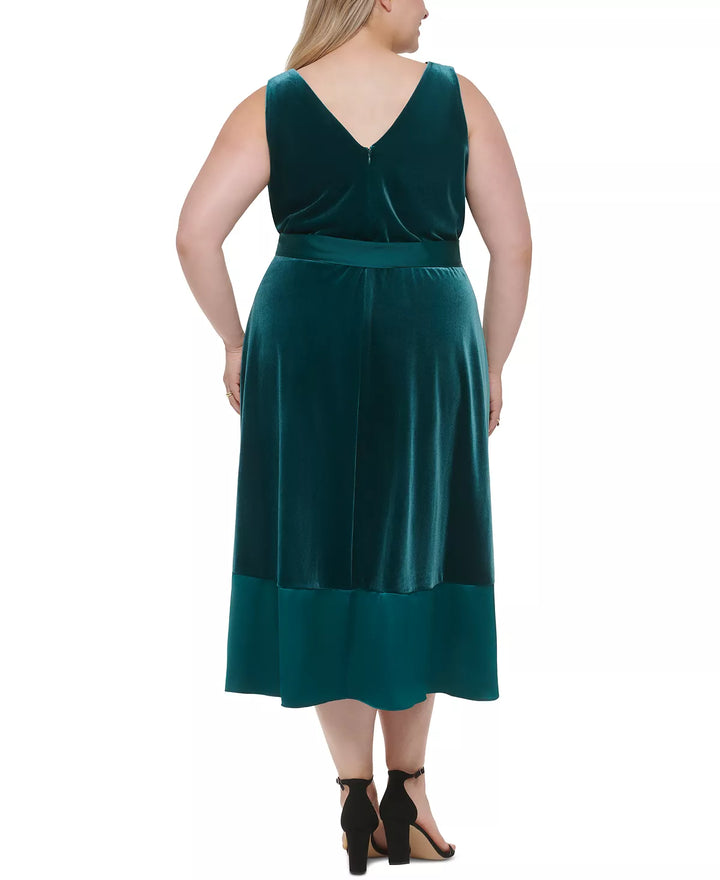 DKNY Plus Size Mixed-Media Surplice V-Neck Belted Dress