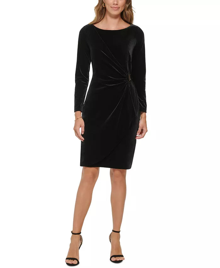 DKNY Draped Boat-Neck Velvet Sheath Dress