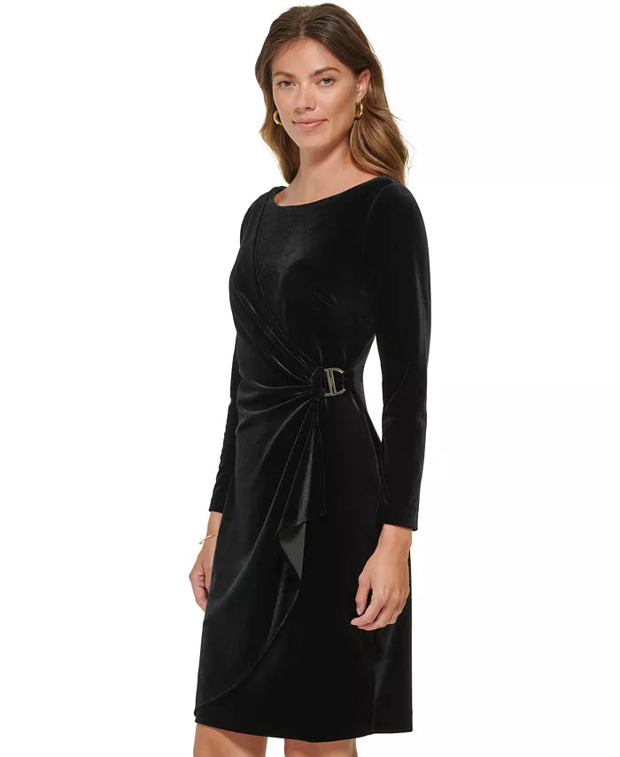 DKNY Draped Boat-Neck Velvet Sheath Dress