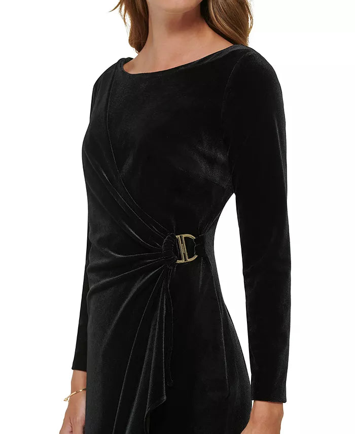 DKNY Draped Boat-Neck Velvet Sheath Dress