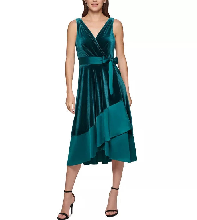 DKNY Mixed-Media Surplice V-Neck Belted Dress