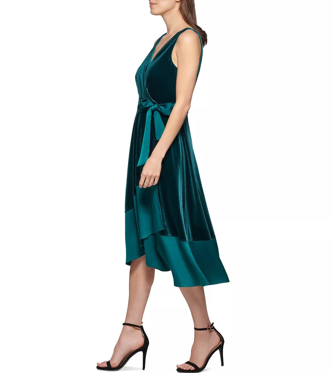 DKNY Mixed-Media Surplice V-Neck Belted Dress
