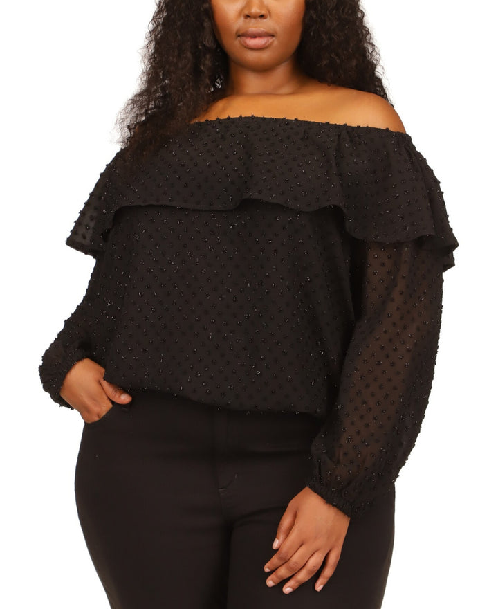 MICHAEL MICHAEL KORS Plus Size Beaded Off-The-Shoulder Ruffle-Neck Top