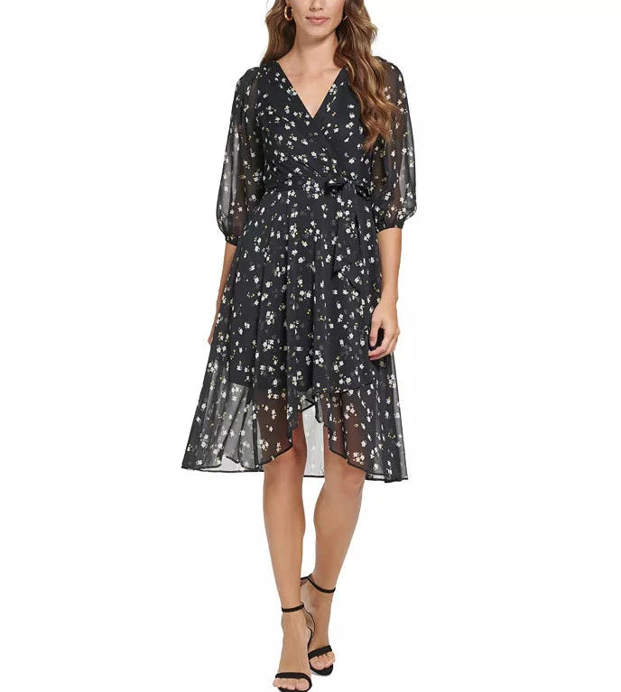 DKNY Petite Balloon-Sleeve V-Neck Wrap-Style Dress