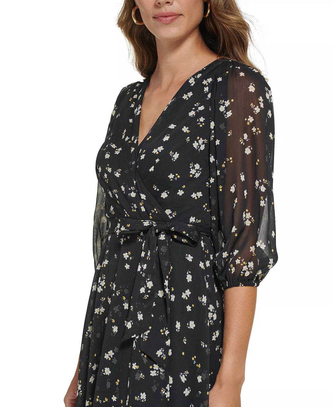 DKNY Petite Balloon-Sleeve V-Neck Wrap-Style Dress