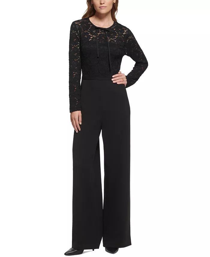 KARL LAGERFELD PARIS Lace-Bodice Bow-Neck Jumpsuit