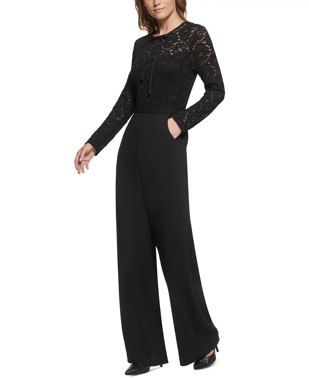 KARL LAGERFELD PARIS Lace-Bodice Bow-Neck Jumpsuit