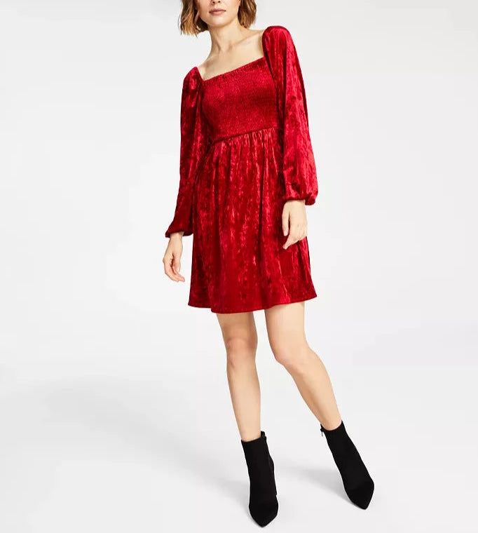 Bar III Women's Velvet Smocked Long-Sleeve Dress