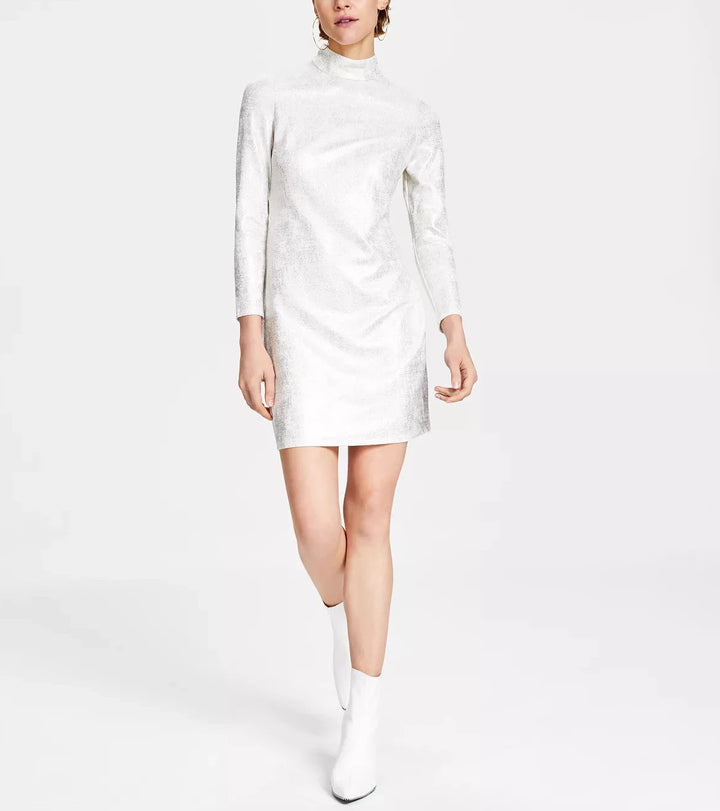 Bar III Metallic Mock-Turtleneck Sheath Dress