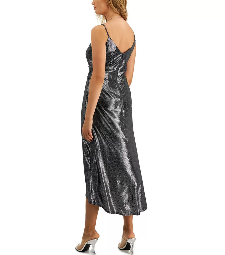 Bar III Shimmering Metallic Faux-Wrap Style Dress