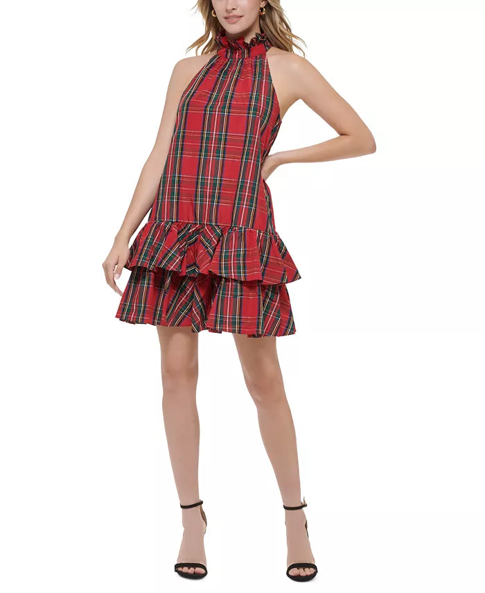 Tommy Hilfiger Women's Plaid-Print Halter-Neck Ruffled Dress