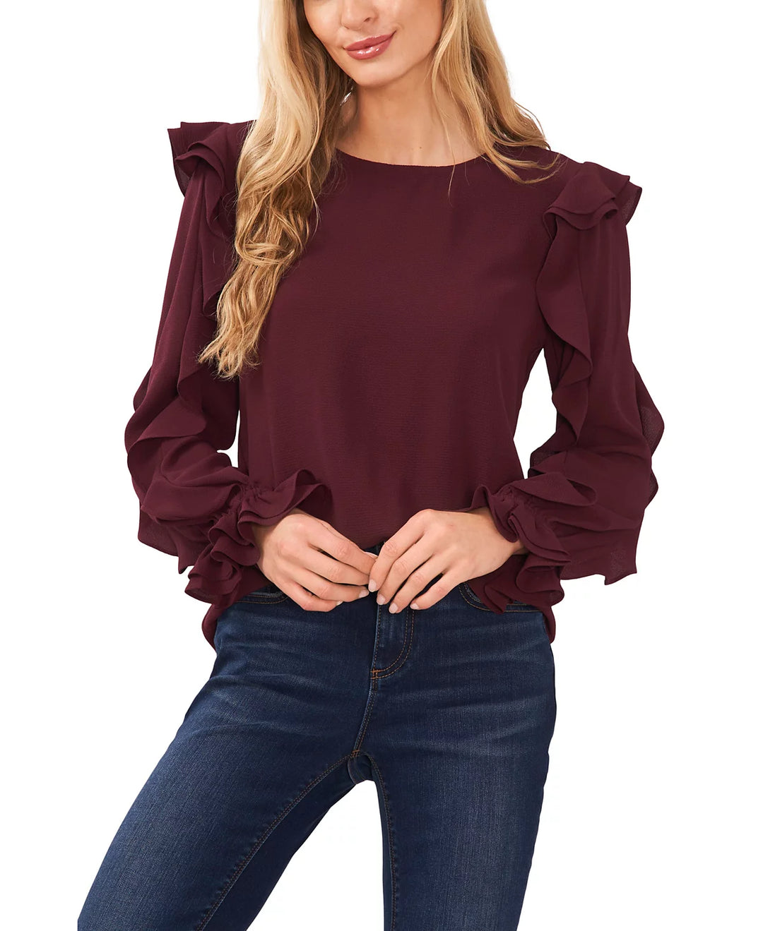 CeCe Ruffled Sleeve Long Sleeve Crew Neck Blouse