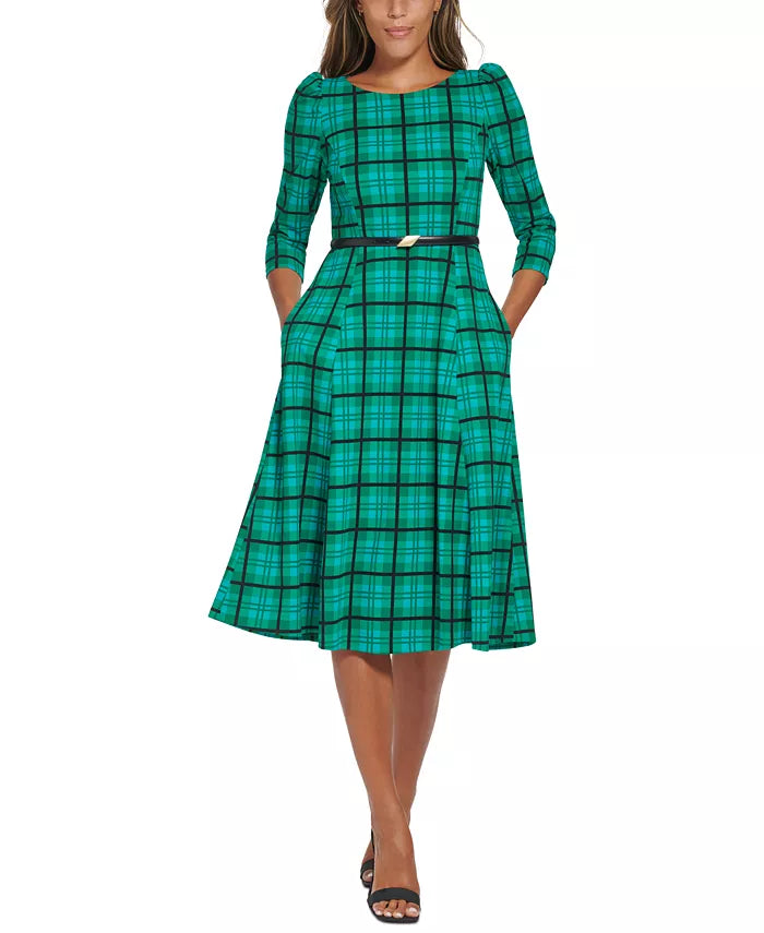 Calvin Klein Plaid Belted 3/4-Sleeve Dress