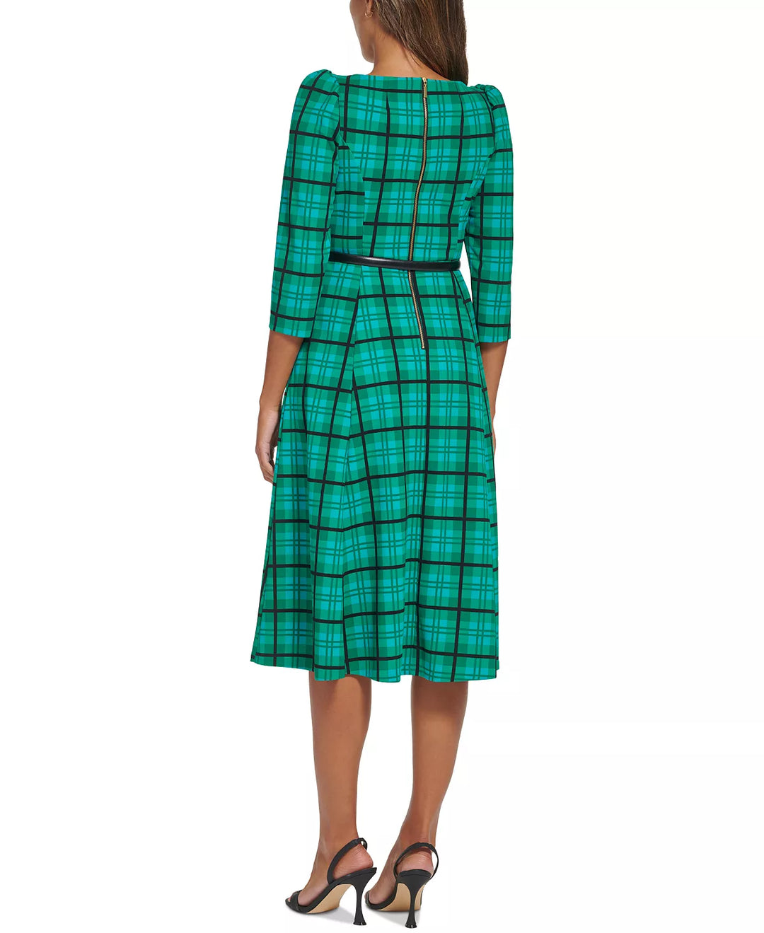 Calvin Klein Plaid Belted 3/4-Sleeve Dress