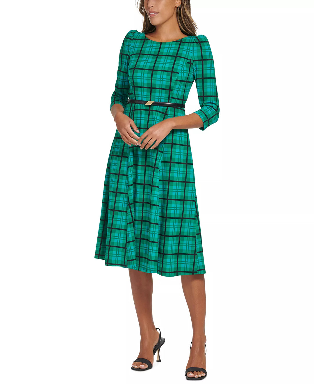 Calvin Klein Plaid Belted 3/4-Sleeve Dress