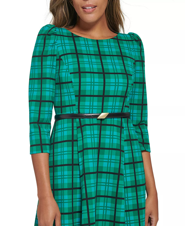 Calvin Klein Plaid Belted 3/4-Sleeve Dress