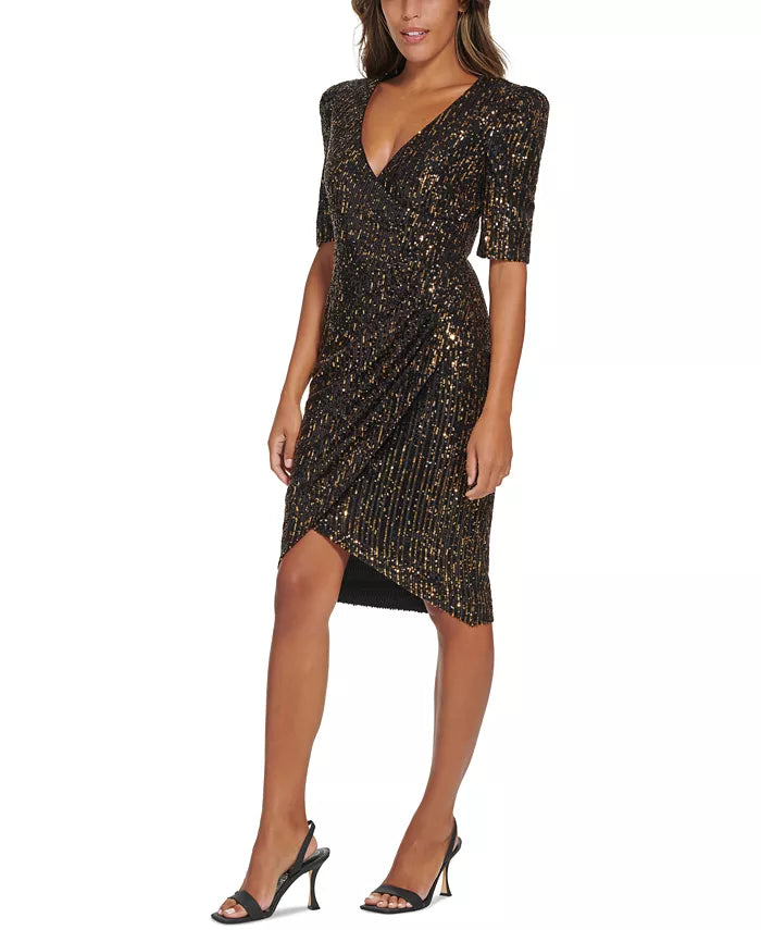 Calvin Klein Sequined V-Neck Elbow-Sleeve Dress