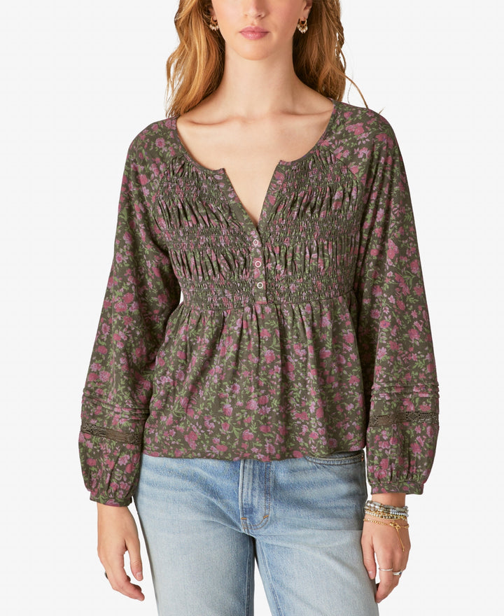 Lucky Brand Textured Smocked Long-Sleeve Babydoll Top