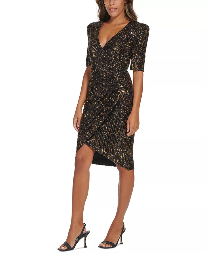 CALVIN KLEIN Sequined Faux-Wrap Sheath Dress