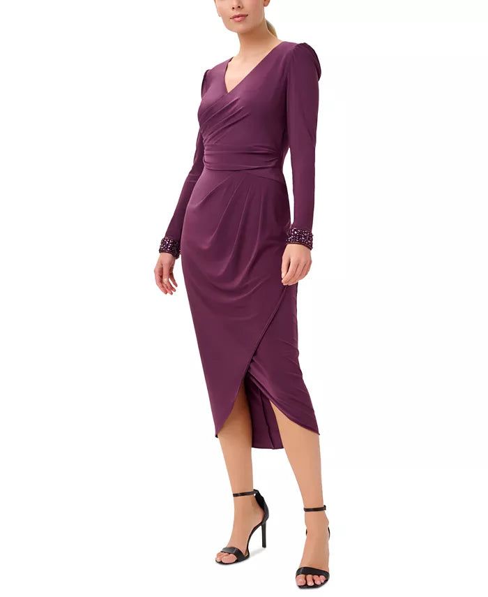 Adrianna Papell Jersey Long-Sleeve Wrap Midi Dress