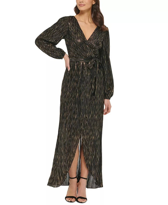 GUESS Metallic-Striped Faux-Wrap Maxi Dress
