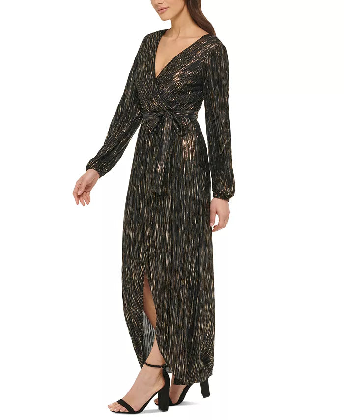 GUESS Metallic-Striped Faux-Wrap Maxi Dress