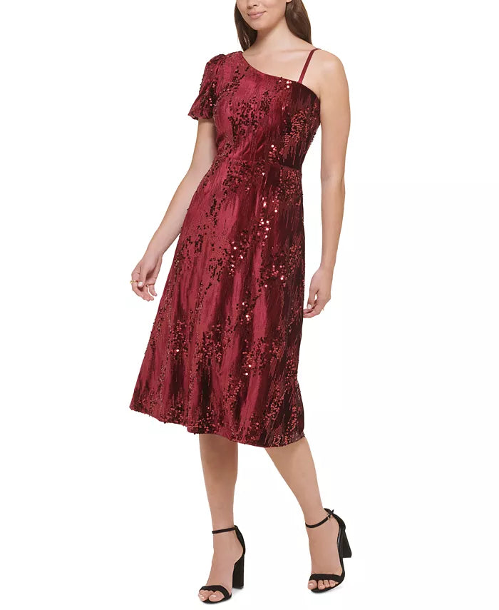 kensie One-Shoulder Fit & Flare Sequin Velvet Dress