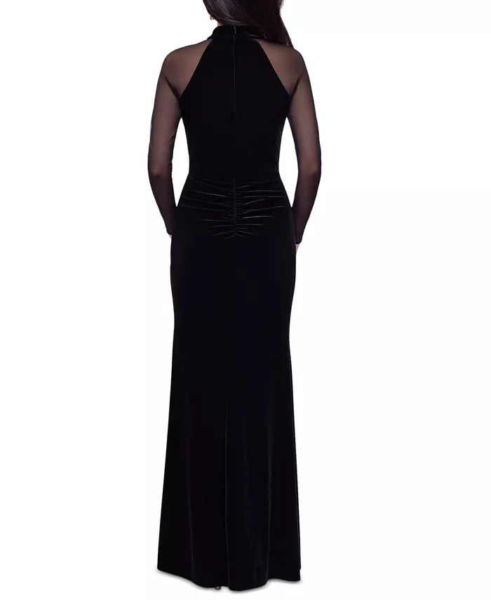 Betsy & Adam Sheer-Sleeve Velvet Leg-Slit Gown