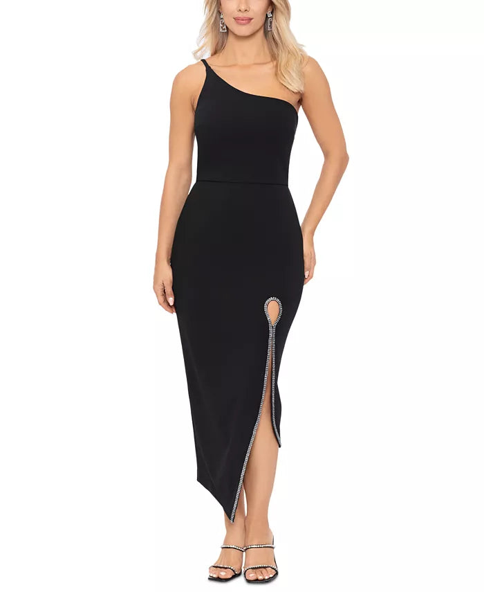 XSCAPE Rhinestone One-Shoulder Midi Dress