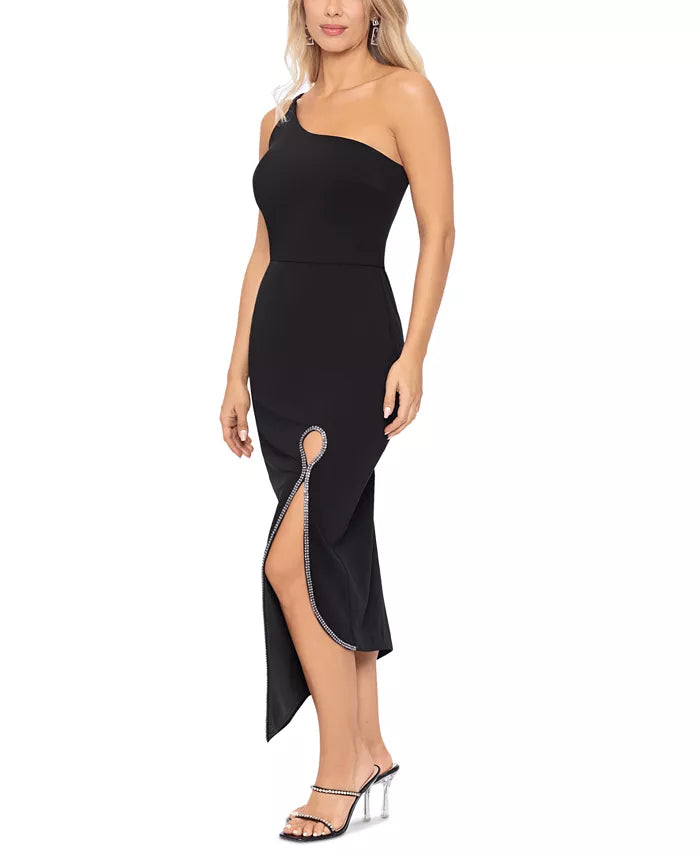 XSCAPE Rhinestone One-Shoulder Midi Dress