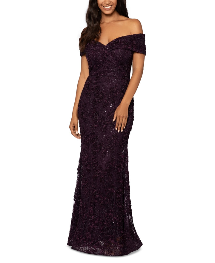 XSCAPE Off-The-Shoulder Lace Gown