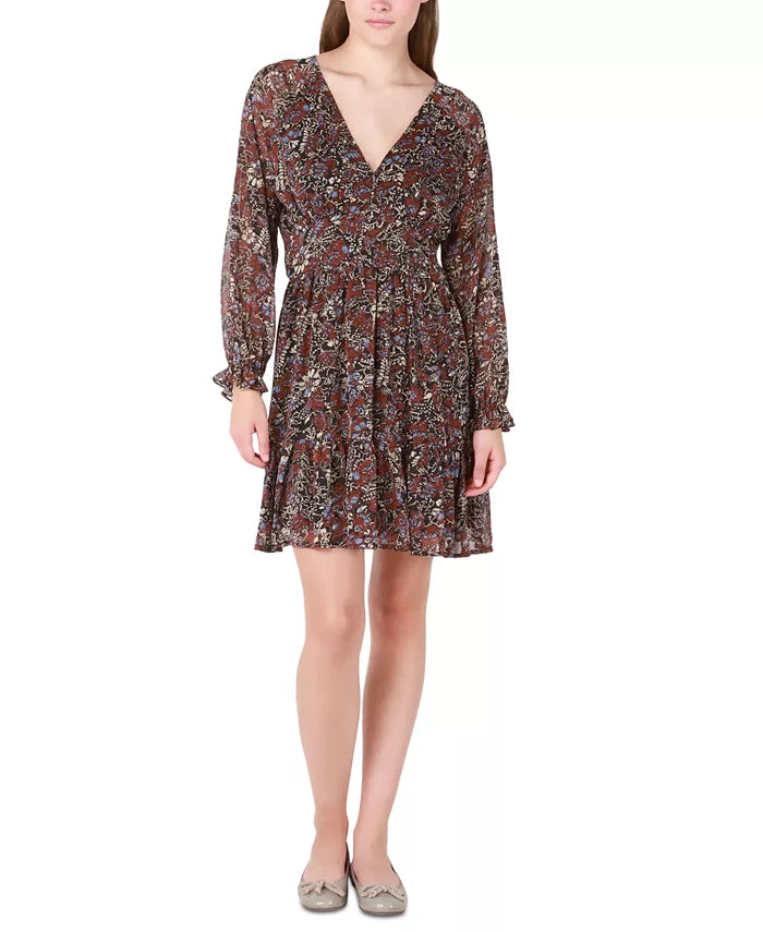 Black Tape Printed V-Neck Long-Sleeve Dress