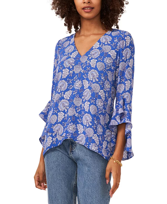 Vince Camuto Women's Printed V-Neck Flutter- Sleeve Blouse