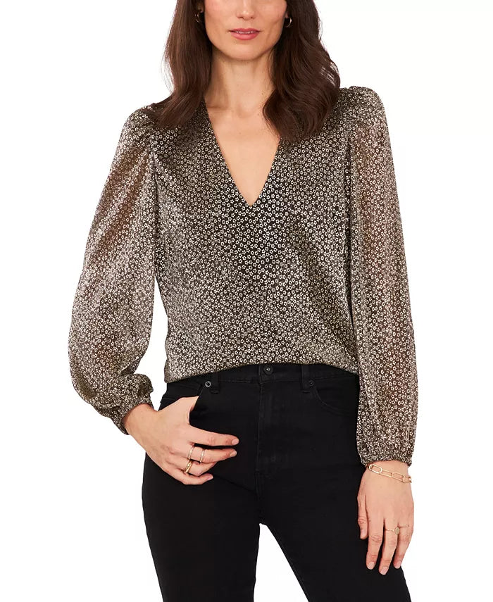 1.STATE Puff Shoulder Balloon Long Sleeve V-Neck Blouse