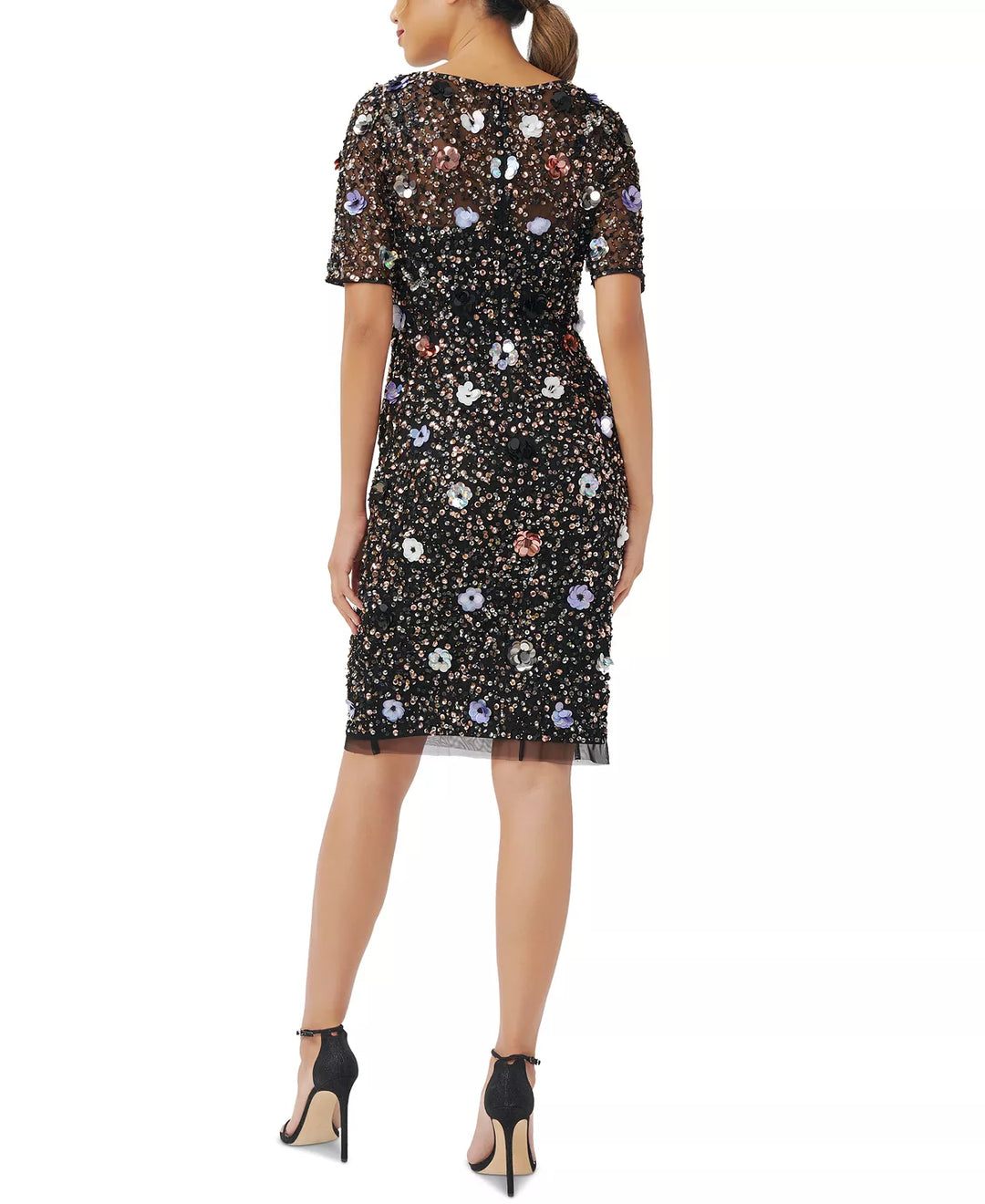 ADRIANNA PAPELL Floral Appliqué Sequined Sheath Dress