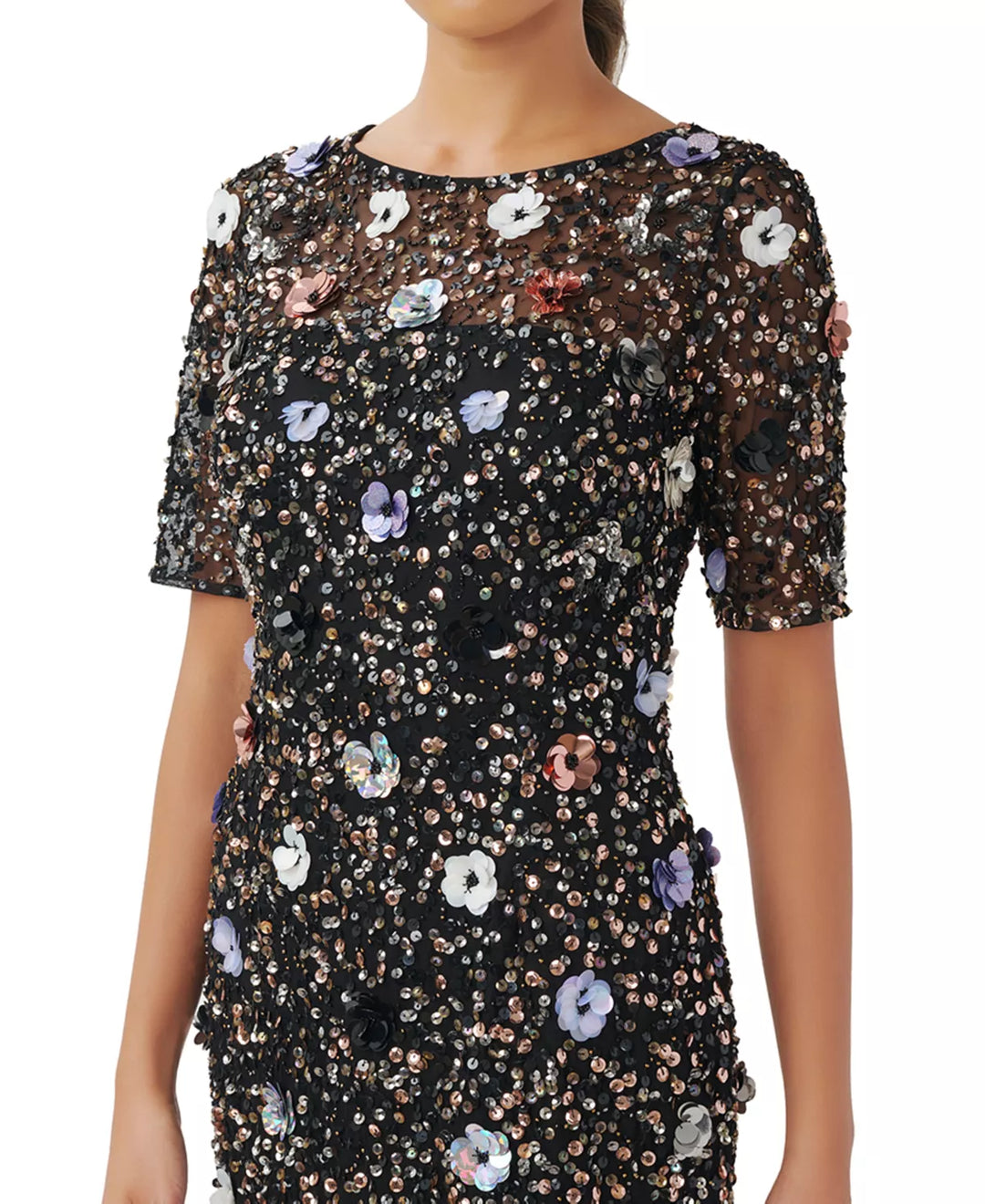 ADRIANNA PAPELL Floral Appliqué Sequined Sheath Dress