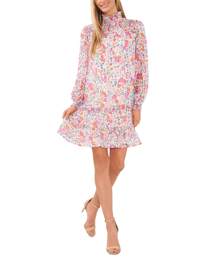 CeCe Floral Print Smocked Mock Neck Dress
