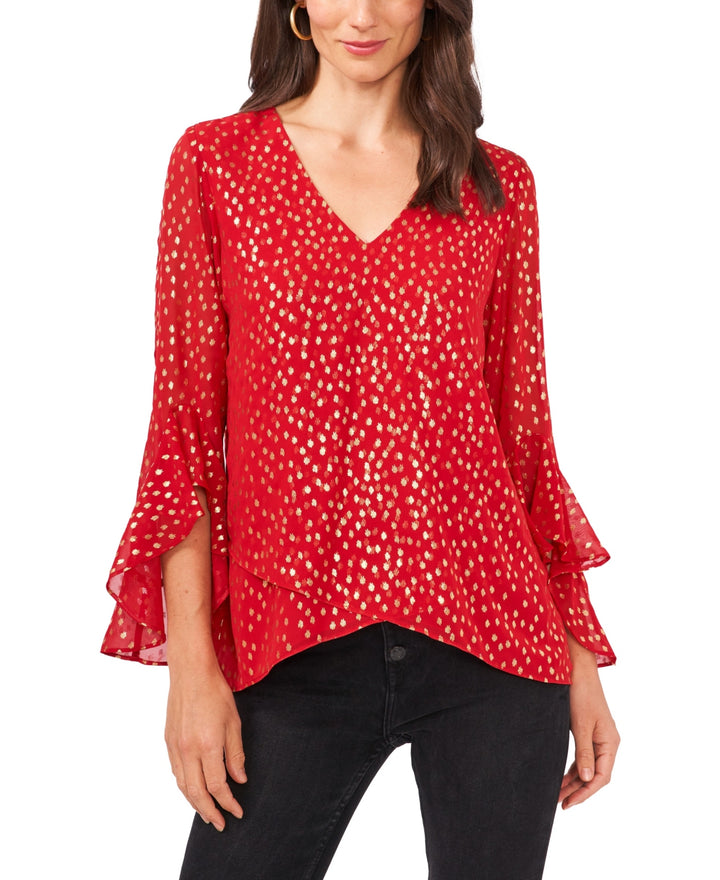 Vince Camuto Metallic-Print Flutter-Sleeve Top