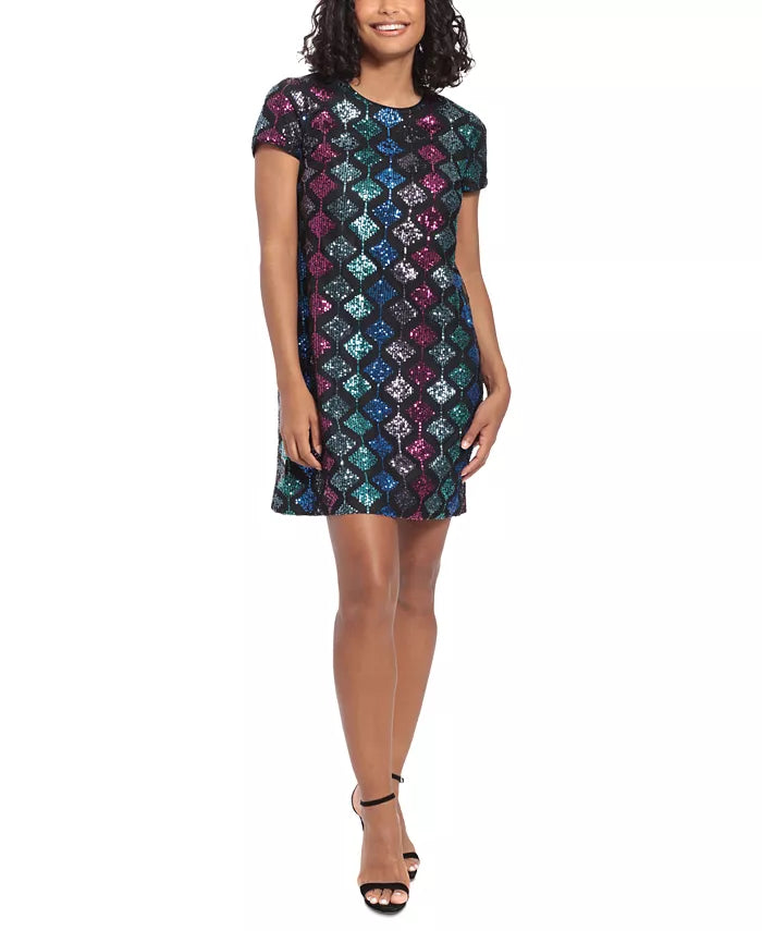 London Times Petite Short-Sleeve A-Line Sequin Dress