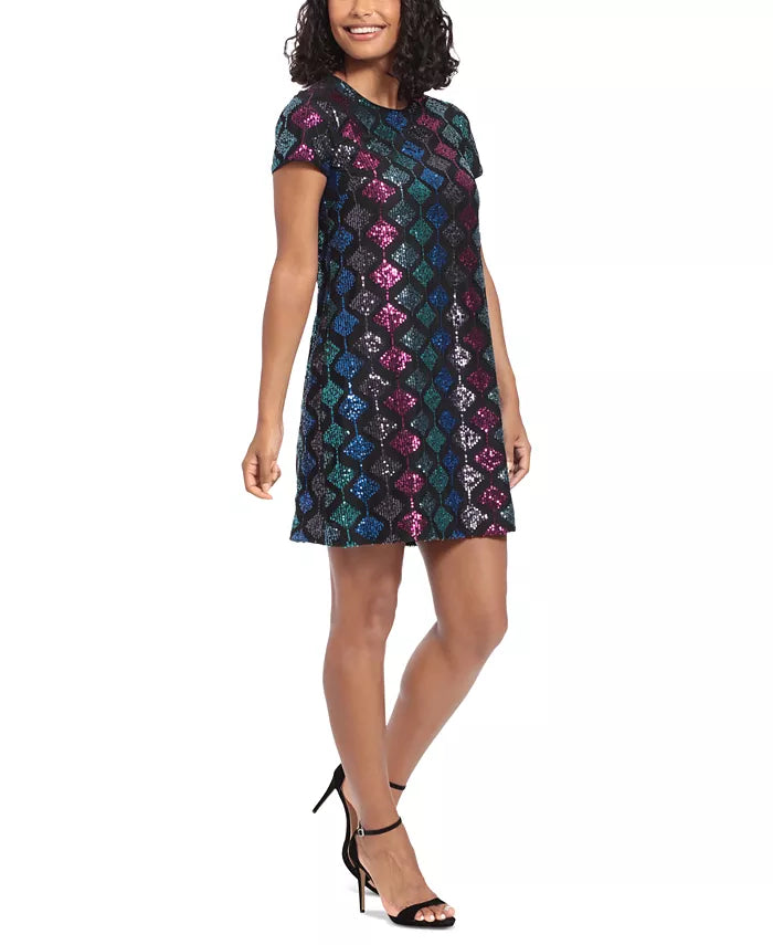 London Times Petite Short-Sleeve A-Line Sequin Dress