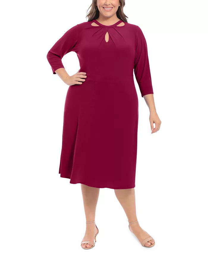 London Times Plus Size Fit & Flare 3/4-Sleeve Midi Dress