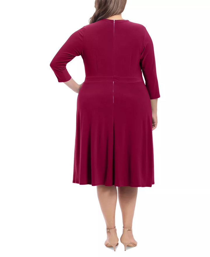 London Times Plus Size Fit & Flare 3/4-Sleeve Midi Dress