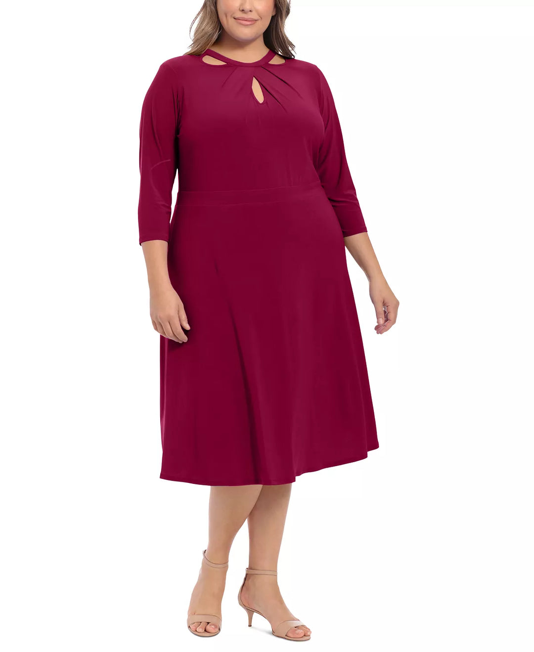 London Times Plus Size Fit & Flare 3/4-Sleeve Midi Dress