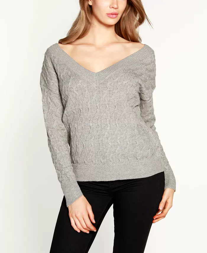 Belldini Black Label Petite Lurex Cable Double V-Neck Sweater