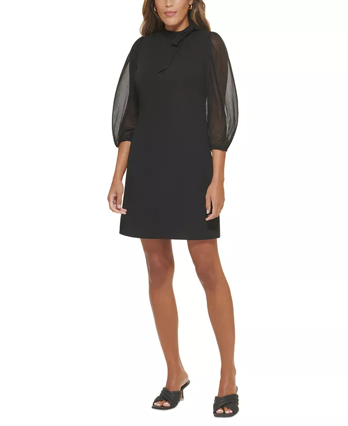 CALVIN KLEIN Puff-Sleeve Tie-Neck Sheath Dress